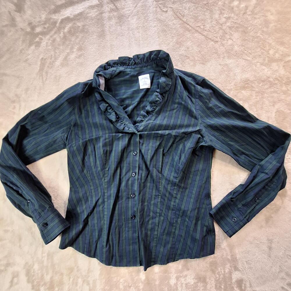 Brooks Brothers Blouse Womens 8 Blue Stripe Non Iron Ruffle V Neck Long Sleeve